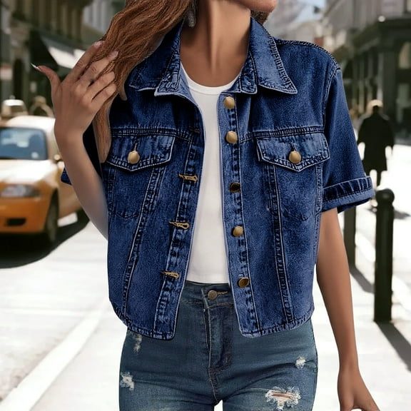 Pyhlmscde Women's Casual Outerwear Short Sleeved Denim Jacket, Fall Clothes, Womens Tops, Denim Jacket for Women
