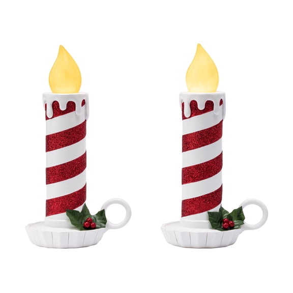 Mr. Christmas 10" Set of 2 Flickering LED Resin Glittery Striped Candles - Red & White