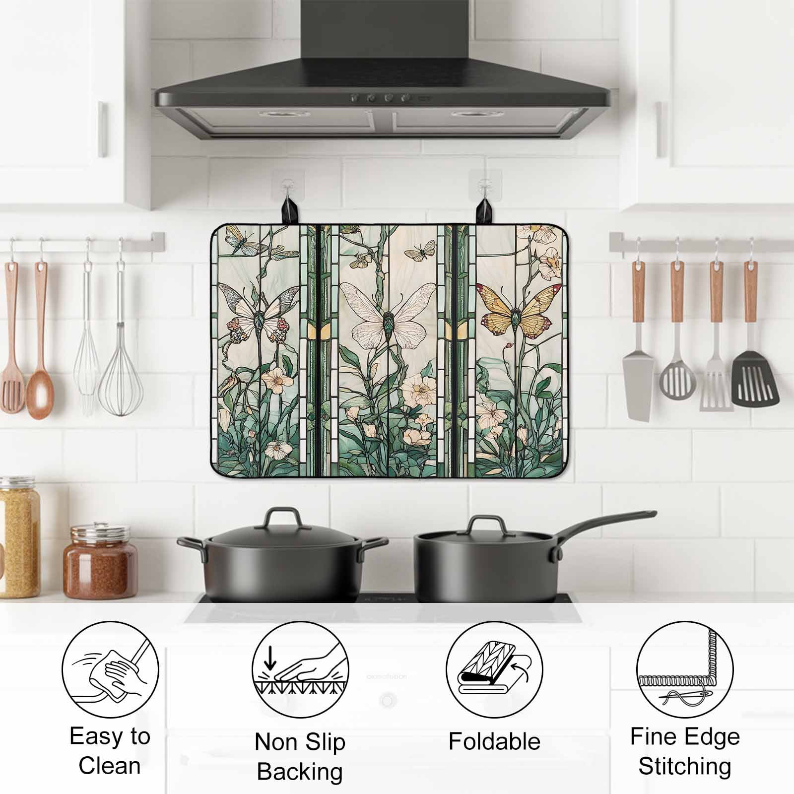 Retro Butterfly Stove Top Cover for Electric Stove, Heat-proof & Non Slip Glass Top Stove Cover Protector, Green Spring Floral Botanical Kitchen Flat Cooktop Rubber Mat 24x21 Inches