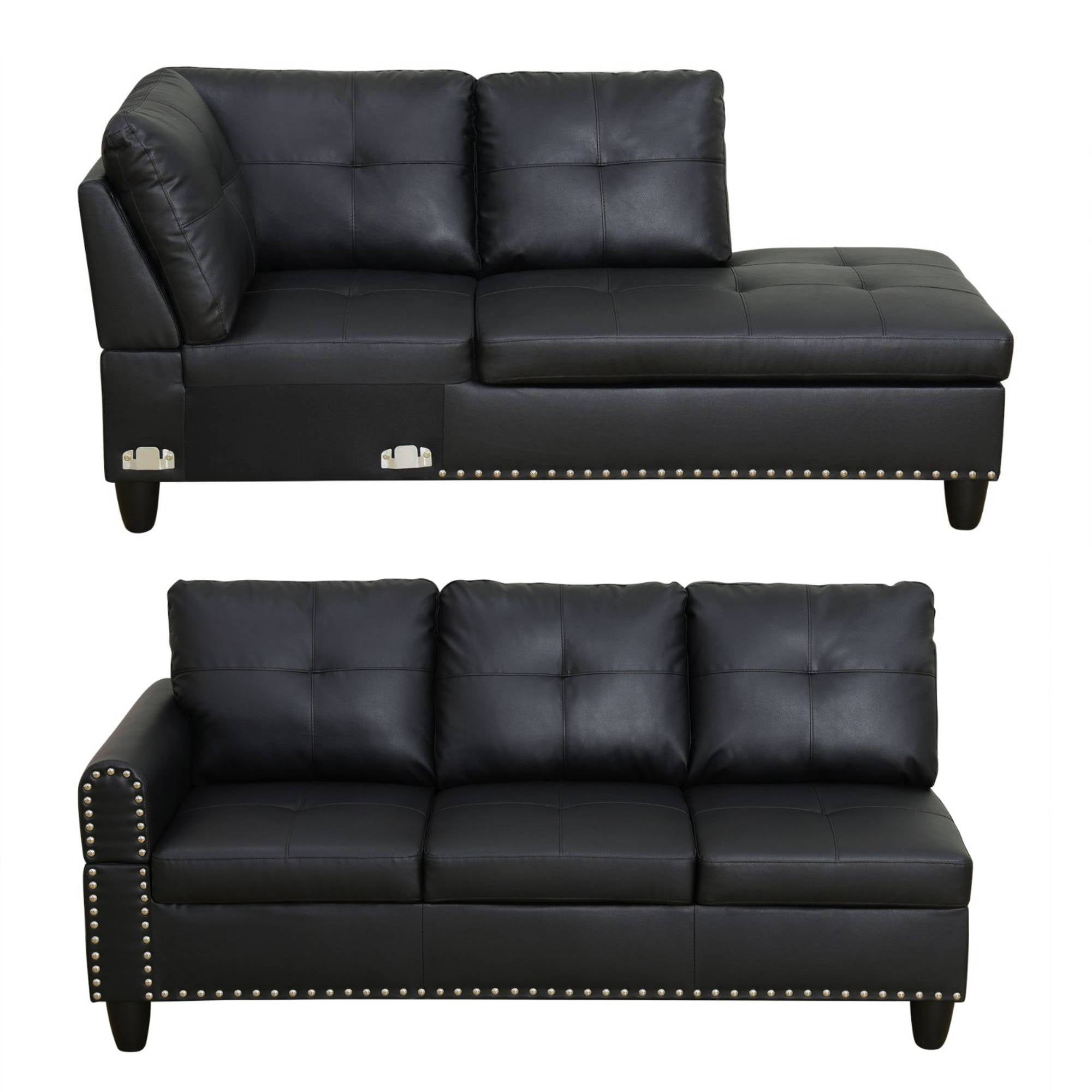 L Shaped Couch Modern Sectional Sofa with Right Chaise & Ottoman Modular Leather Sofa Couch Set for Living Room, Black