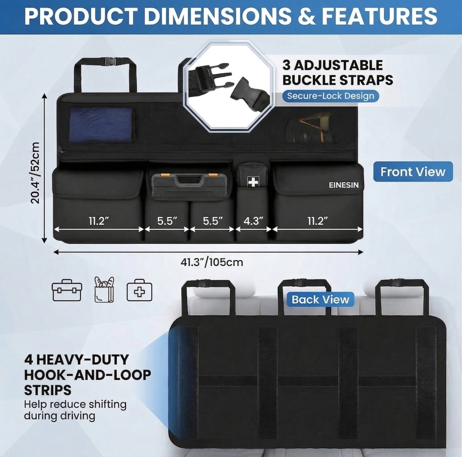 Car Trunk Organizer 9 Pockets Backseat Hanging Storage Bag SUV 41x20in