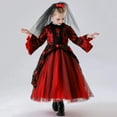 thumbnail image 4 of Girls Halloween Party Dresses Set Bell Sleeve Lace Tulle Dress Retro Vampire Dress Up Clothes Medieval Fancy Ball Gown 10 Years, Wine, 4 of 7