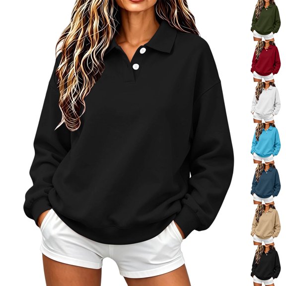 Women's Sweatshirts,2‑Button Collar Long Sleeve Loose Casual Solid Pullover Tops,Vacation Travel Outfit