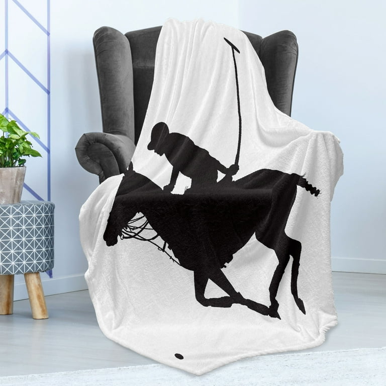 Sports Soft Flannel Fleece Blanket Silhouette Illustration of Polo Player on a Horse Hitting a Ball Print Cozy Plush for Indoor and Outdoor Use 70
