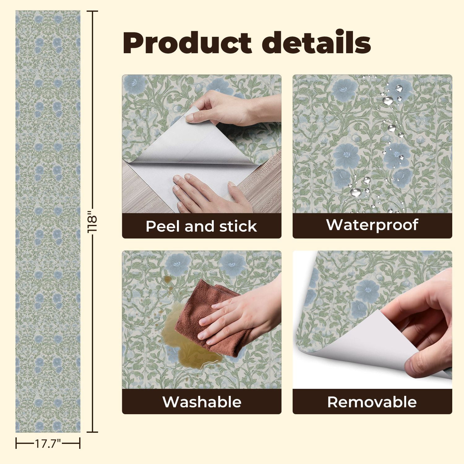 Peel and Stick Wallpaper Delicate Blue Floral Green Leaves Soft Beige Wall Mural 17.7in x 9.8ft Self Adhesive Removable Wall Paper Renter Friendly Wallpaper for Nursery Bedroom Cabinets