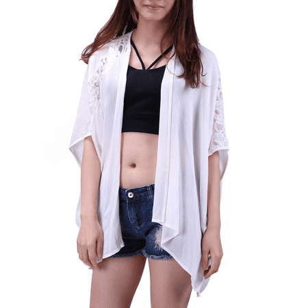 HDE Women's Plus Size Open Front Kimono Cardigan Loose Lace Sleeves Blouse Top (Cream, 1X)