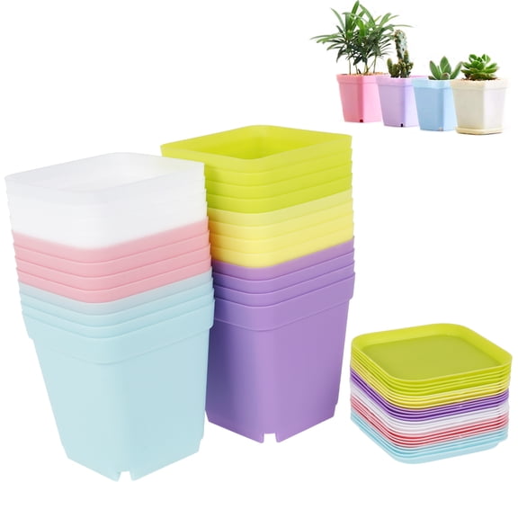 Toorise 24pcs Small Plant Pots with Tray Plastic Square Flower Pots Colorful Flower Nursery Seedling Pots Outdoor Indoor Planter Container for Room Office Garden Decor