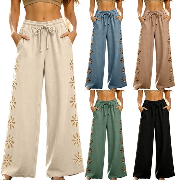 FchengtaiS Womens Summer Boho Pants Cotton Linen Floral Cutout Wide Leg Pants Elastic Waist Casual Palazzo Trousers with Pockets