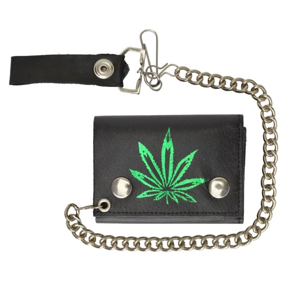 100% Leather Tri-fold Chain Wallet Black #946-9