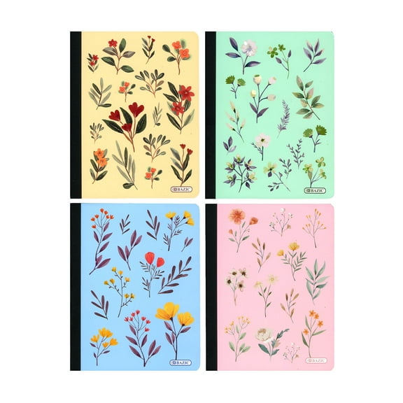 BAZIC Composition Notebook College Ruled, 100 Sheets Floral Print Poly Cover Notebooks, 4-Pack
