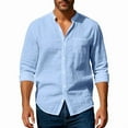 thumbnail image 2 of Men Cotton Linen Shirt Long Sleeve Collarless Casual Button Down Breathable Beach Tops Light Blue S, 2 of 5