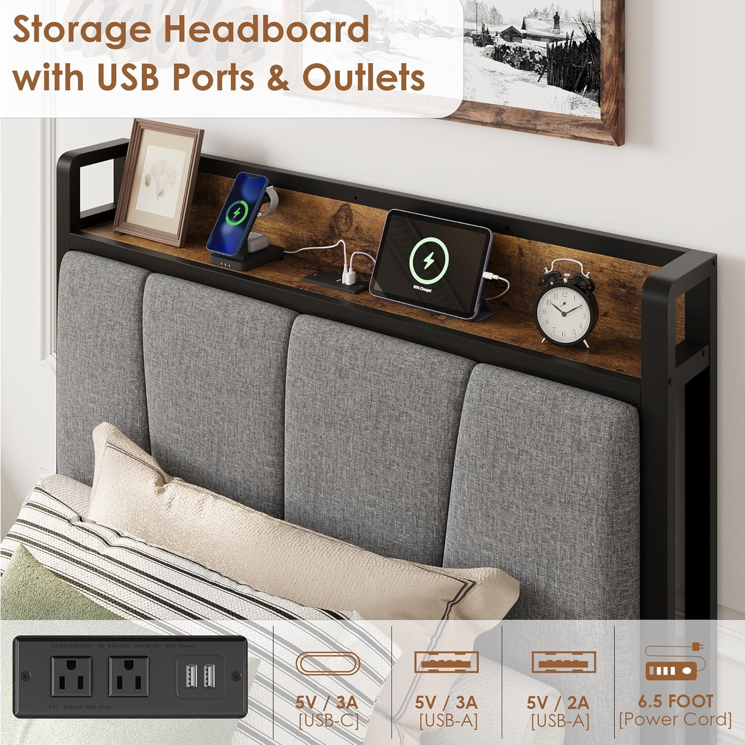 Hetoy Full Size Bed Frame with 4 Storage Drawers and Adjustable Headboard, Linen Upholstered Platform Bed Frame with Wooden Slats Support, No Box Spring Needed, White