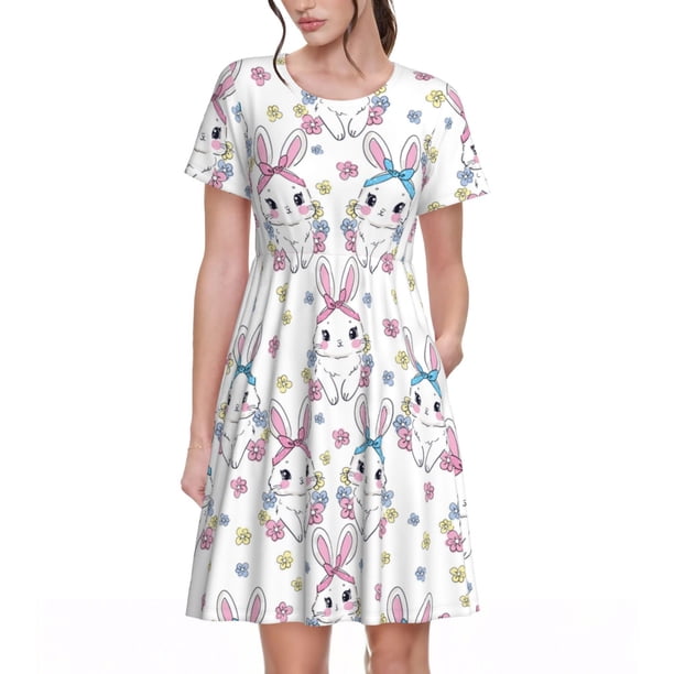 Balery Cartoon Cute Rabbit Vestidos sueltos de manga corta para mujer, vestidos de verano 2025, vestidos casuales de corte A con vuelo.