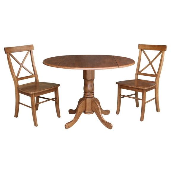 42" Solid Wood Dual Drop Leaf Pedestal Dining Table With 2 Cross Back Chairs in Distressed Oak by International Concepts
