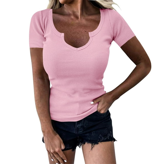 Dealovy Going out Tops for Women Short Sleeve Shirts Deep V Neck Stretchy Slim Fitted Basic Tees