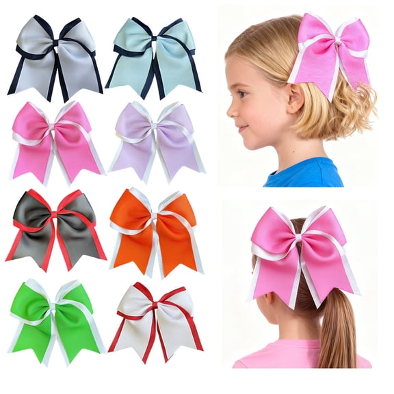 JoyBowie 8 Pcs 7inch Cheerleading Hair Bows for Girls 6-14 Years, Grosgrain Ribbon Clips for Cheer Events & Spirit Days