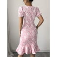 thumbnail image 2 of Pink Floral Embroidered Puff Sleeve Ruffle Hem Midi Fit & Flare Dress, 2 of 30
