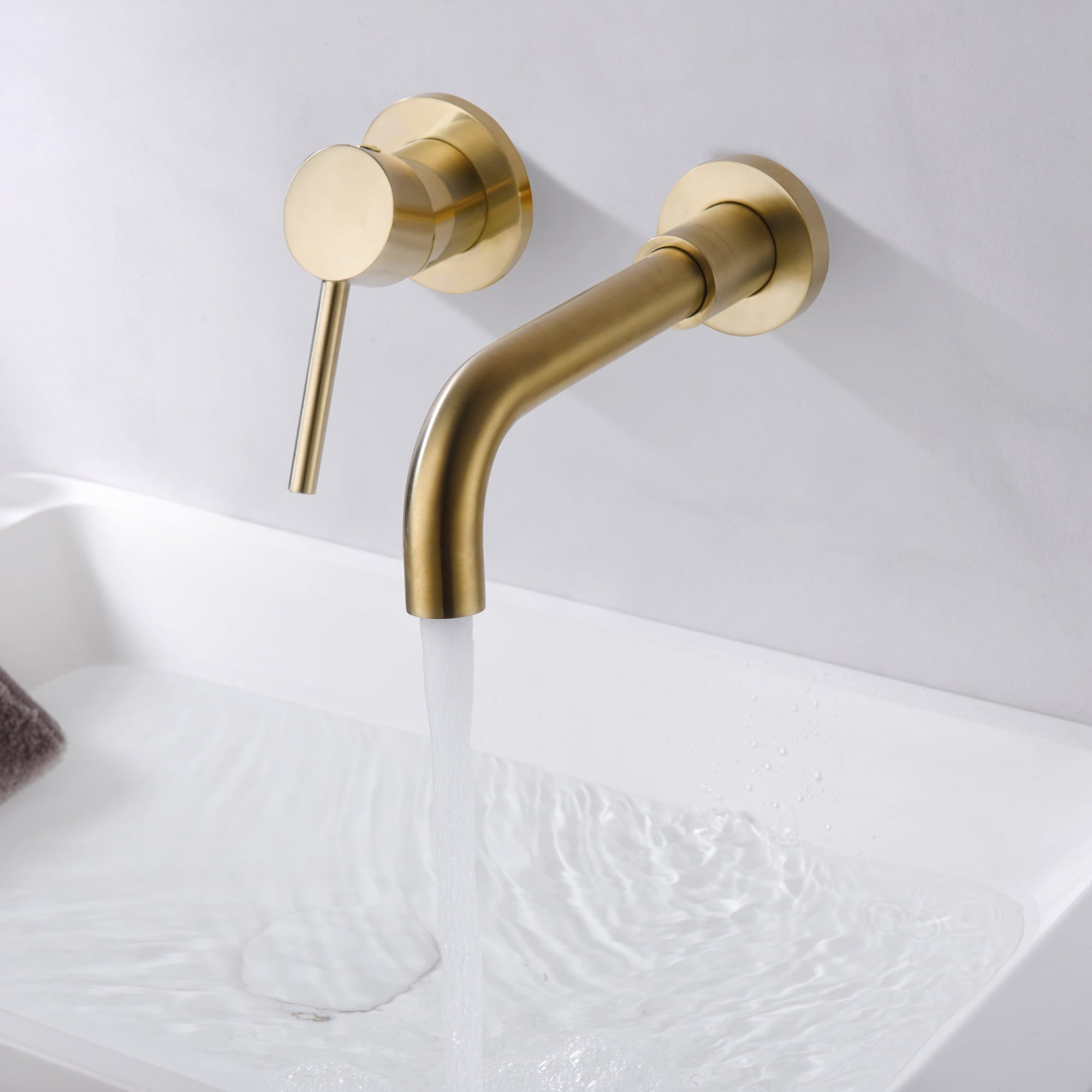 sumerain Wall Mount Bathroom Faucet Brushed Gold Lavatory Faucet, Single Left-Handed Handle