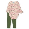 Bon Bebe Girls 0-9 Months Flower Bodysuit Pant Set with Hat(Green 3-6 Months)