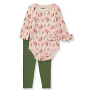 Bon Bebe Girls 0-9 Months Flower Bodysuit Pant Set with Hat(Green 3-6 Months)
