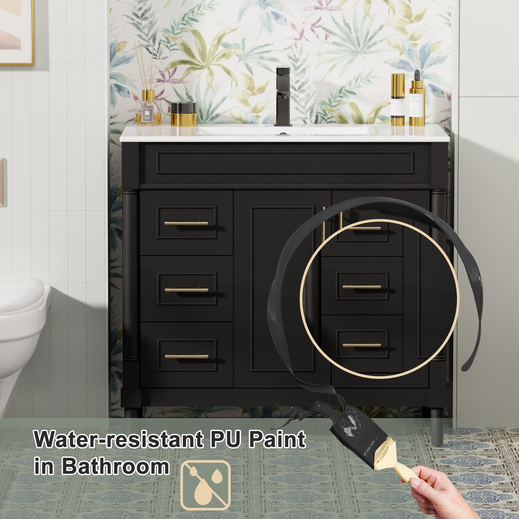 36" Freestanding Bathroom Vanity with Ceramic Sink Top, Zinc Alloy Faucet, Classic Tapered legs