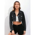 thumbnail image 4 of Veste en Denim Courte Décontractée pour Femme à Revers, Manches Longues, Noire, m, 4 of 9