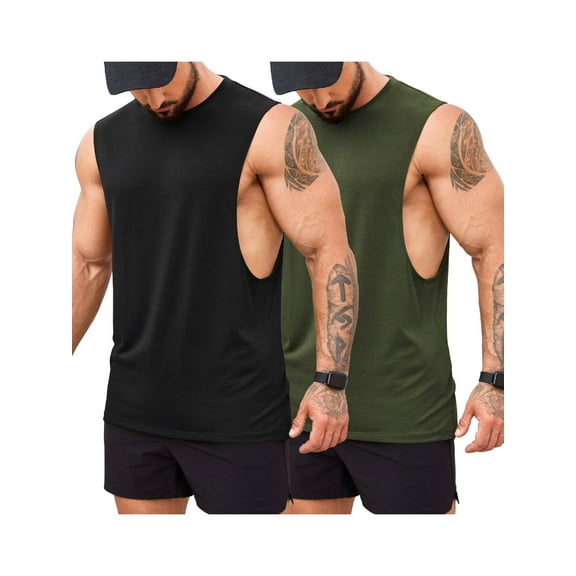 Coshow 2 Pack Men's Fitness Tank Tops Sports Slit Hem Muscle Sleeveless Bodybuilding Cut Off T-Shirt