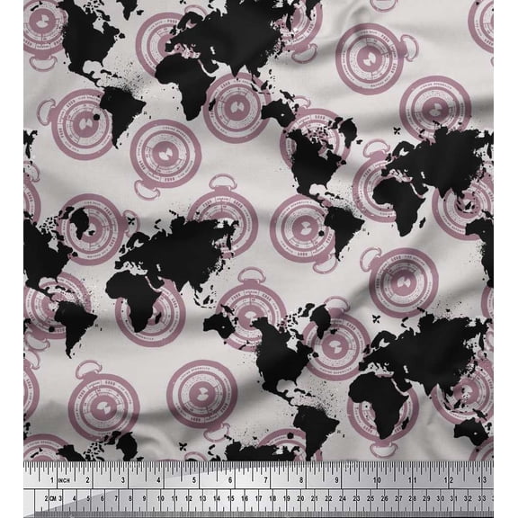 Soimoi polyester Crepe Fabric Direction Compass & World Map Fabric Prints By Yard 42 Inch Wide