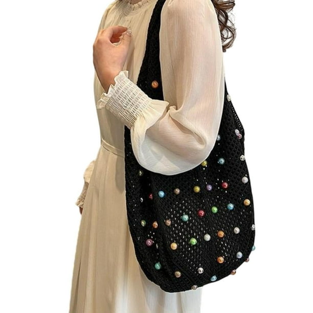 Bolsa de verano de la playa tejida Bolsa de trajes de playa para mujer casual para el trabajo de compras en la calle Viajes Negro