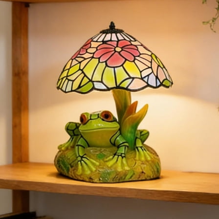 Frog and Flower Table Lamp Bedside Lamps LED Reading Light, Vintage Rustic Stained Glass Table Lamps, Flower Lamp Nightstand Tables Light for Bedroom Living Room Office Dorm Desk Home Decor
