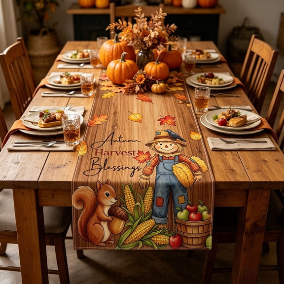 BUDAO00 Fall Thanksgiving Table Runner, Scarecrow Linen Table Runner with Autumn Harvest Blessings Print, 13 x 47 Inch Rustic Dining Table Decor for Kitchen, Console and Mantel (B)