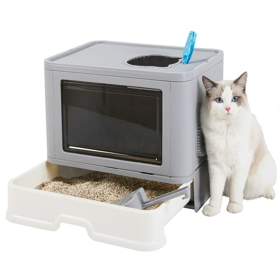 BingoPaw Foldable Cat Litter Tray Box Easy Cleaning with Scoop, Massager, Grey