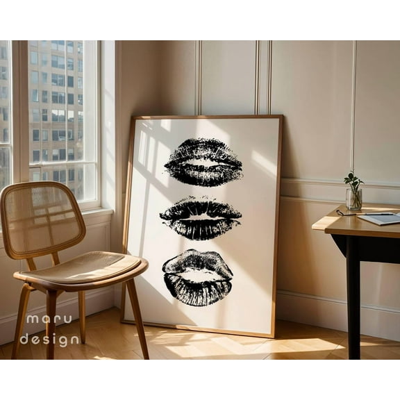 Black White Kiss Lips Wall Art, Retro Funky Print, Aesthetic Preppy Poster, Cute Apartment Decor, Girly College Dorm, Coquette Wall Art, Modern Wall Decor, 8x12 UNFRAMED