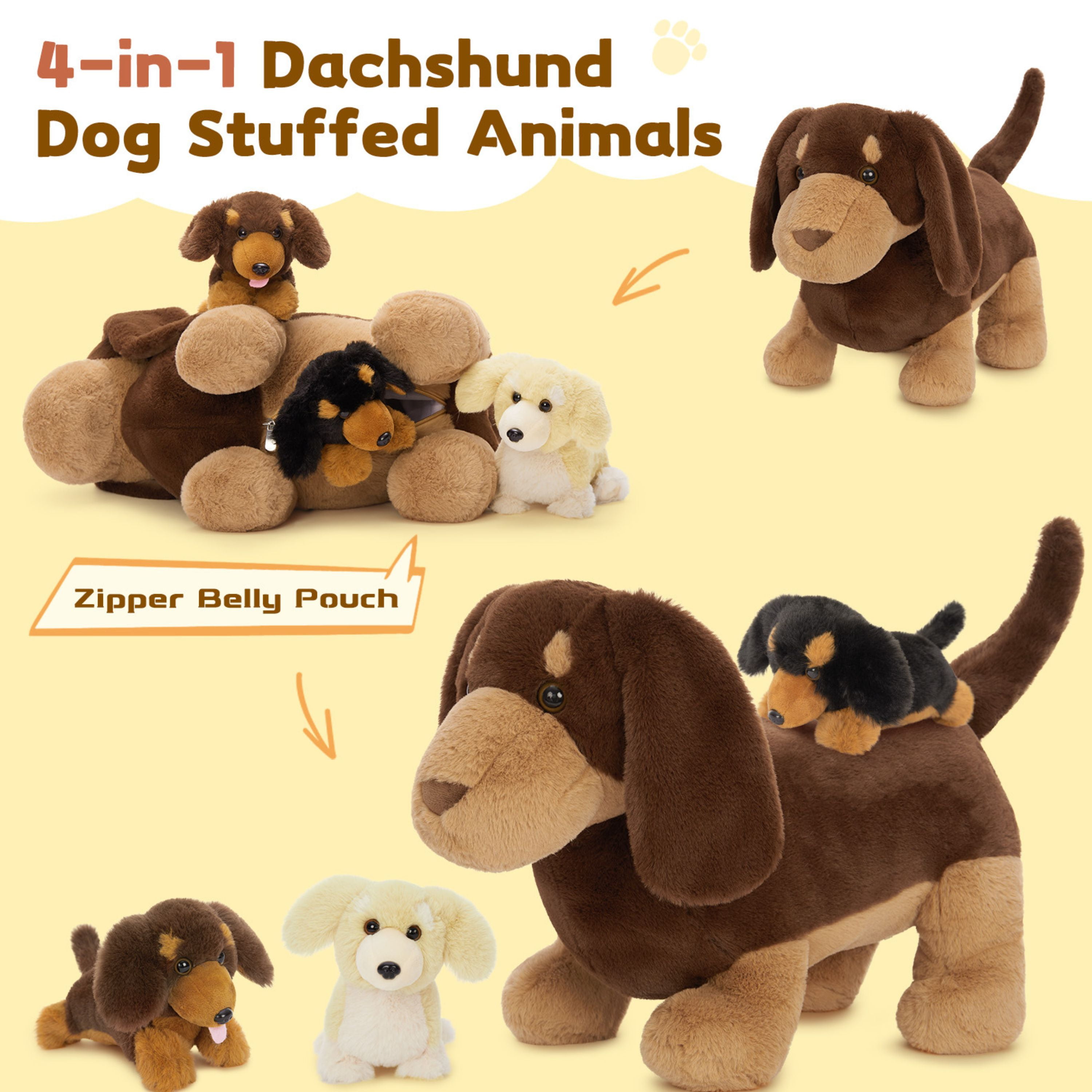 Tezituor 4Pcs Dachshund Stuffed Animal 18'' Mommy Stuffed Weiner Dog with 3 Puppies Plush Toy