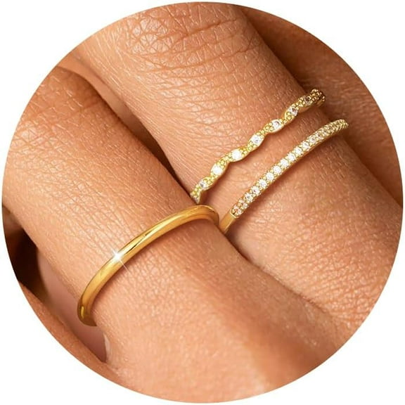 Thin Gold Rings for Women: 3PCS Stackable 14K Gold Plated Dainty Rings Set Non Tarnish Thumb Wedding Bands CZ Rings for Women Trendy Statement Gold Jewelry Size 6 7 8 9 10