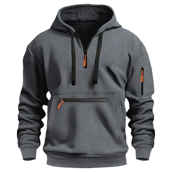 SGFCWSX Mens Hoodies Quarter Zip Cargo Pullover Men with Pockets Casual Drawstring Winter Hooded Sweatshirt Dark Gray Size S