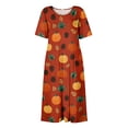 thumbnail image 4 of Women's Round Neck Halloween Patchwork Print Dress with Pockets Short Sleeve Loose Midi Dress Casual Fall Outfit for Daily Wear Saffron M, 4 of 6
