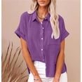 thumbnail image 2 of Womens Short Sleeve Cotton Button Down Up Shirt Summer Collared Collared V-Neck Loose Fit Blouse Casual Collared Plain Beach Office with Pockets Lightweight Tops, 2 of 5