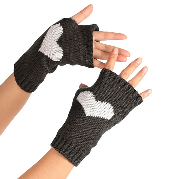 PMVFHDE Winter Women's Big Heart Pattern Fingerless Gloves, Solid Color Heart Design Knitted Warm Gloves C,A