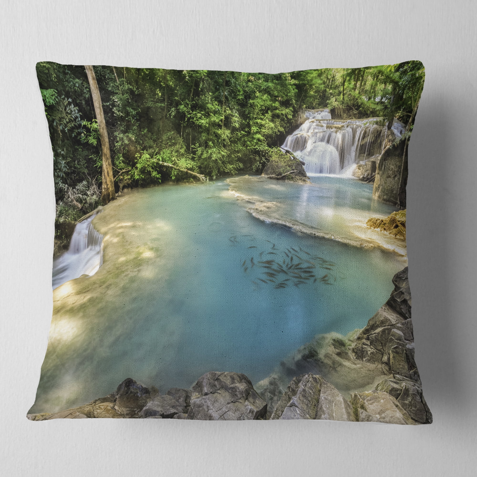 Designart Erawan Waterfall Top View - Photography Throw Pillow - 18x18