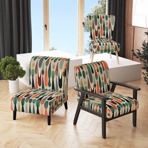 Designart "Retro Abstract Drops X Nostalgic Patterns" Multi-Color Drop Upholstered Accent Chair - Modern Arm Chair For Bedroom