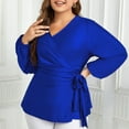 thumbnail image 5 of Fesfesfes Women's Plus-Size Wrap Tops Deep V-Neckline Lantern Sleeves Blouses Tied Waist Detail Stretch Fabric Elegant Comfy Clothes(Blue,XL), 5 of 6