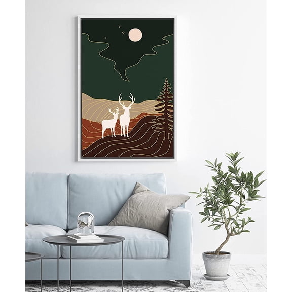 PixonSign Framed Wall Art Print Set Two Deer in The Golden Night Forest Animals Wilderness Illustrations Modern Art Farmhouse/Country Colorful Dark for Living Room, Bedroom, Office - 24"x36" White