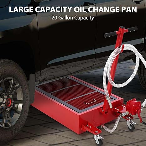 20 Gallon Oil Drain Pan Oil Drain Tank, 76L Low Profile Oil Drain Pan, Large Capacity Oil Change Pan with Manual Pump & T Foldable Hand and Wheels, 8FT Hose Oil Drain Cart for Car, SUV, Trucks