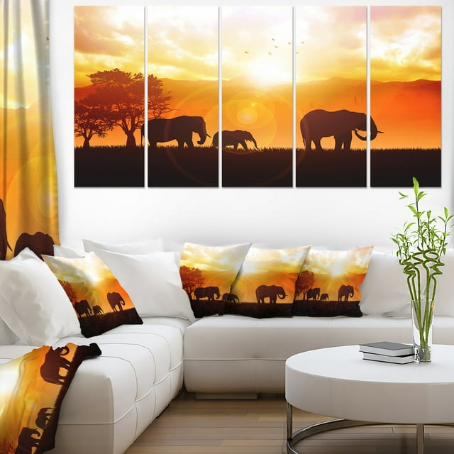 Elephants Walking At Sunset - African Canvas Art Print