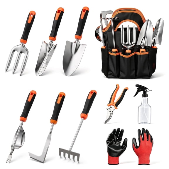 Walchoice 10 Piece Gardening Tool Set, Heavy Duty Stainless Steel Garden Hand Tools with Storage Tote Bag, Rust Resistant Gardening Kit with Ergonomic Handles for Planting, Weeding, Digging, Pruning