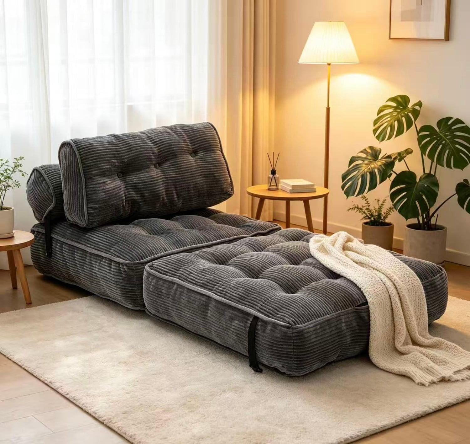 Folding Sofa Bed, Convertible Sleeper Chair Bed with Headrest & Lumbar Pillow, Foldable Floor Sofa Mattress for Living Room, Bedroom, Small Space, Grey