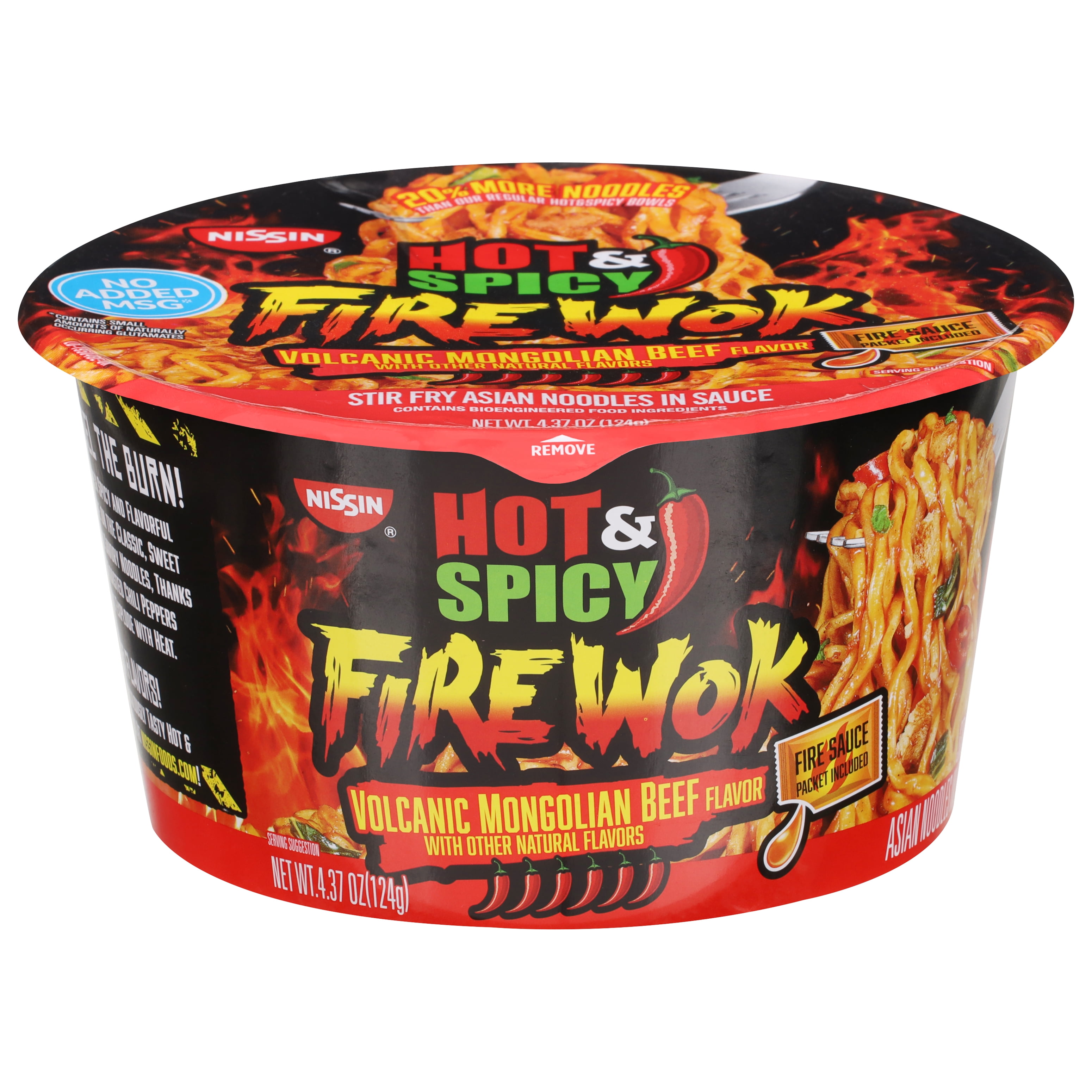 (2 pack) Nissin Foods Hot & Spicy Fire Wok Asian Noodles Soup, Volcanic Mongolian Beef Flavor, 4.37 oz Bowl, Shelf-Stable