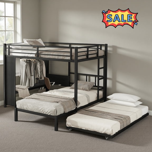 Tcbosik Full Over Twin Size Bunk Bed with Trundle, Heavy Duty Bed Frame with Wardrobe and Foldable Desk, Built-in Ladder and Full Length Guardrail, Space Saving, Black