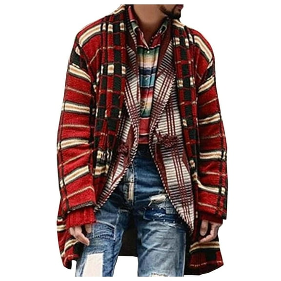 uikmnh Autumn and Winter Men's Fashion Plaid Knit Cardigan Long Loose Large Size Sweater Coat Men